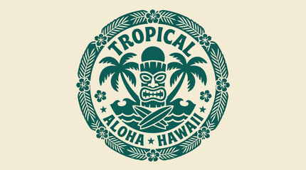 Tropical Aloha Hawaii Tiki Mask Surfboard Palm Trees Emblem. © xigma