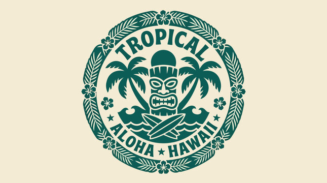 Tropical Aloha Hawaii Tiki Mask Surfboard Palm Trees Emblem.