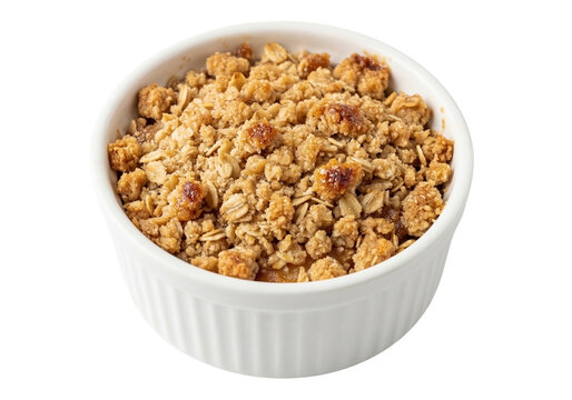 Delicious Apple Crisp in White Ramekin Isolated