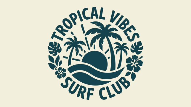 Tropical Vibes Surf Club Emblem with Palm Trees and Waves.