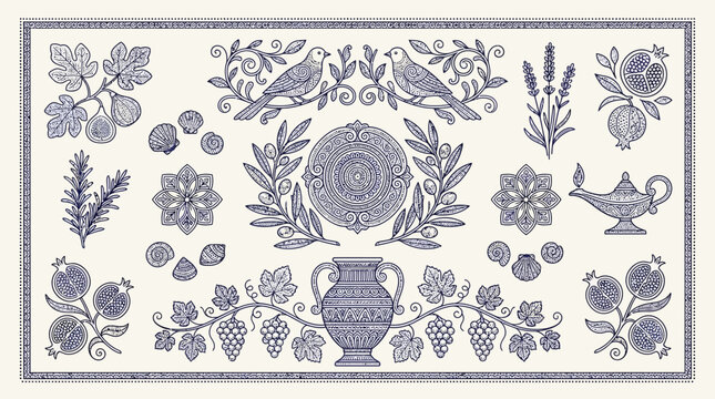 Vintage Botanical Illustration with Birds and Decorative Elements.