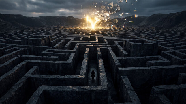 A tiny silhouette navigates a massive dark maze towards a glitching golden light, symbolizing the pursuit of a mirage and complex life journeys.