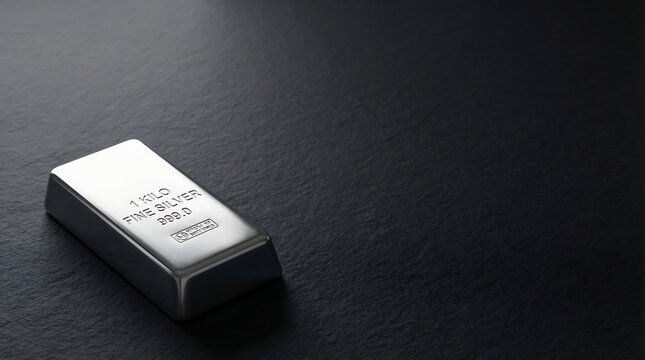 One kilogram fine silver bar with 999.0 purity on dark surface