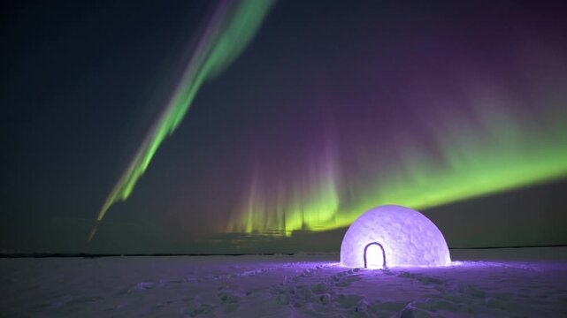 Northern lights dancing above a solitary igloo on a frozen arctic night landscape.