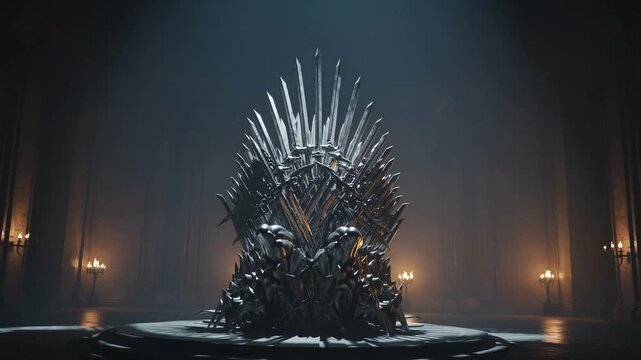 Iron throne made of melted swords with sharp metal spikes in dark medieval hall.