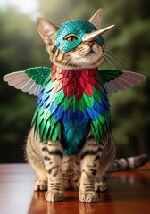 Fototapeta premium Feline dressed in elaborate costume resembling a brightly colored tropical bird