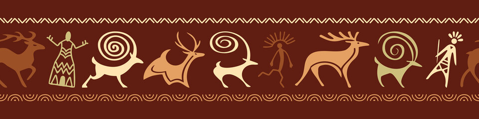 Ethnic seamless border on the theme of rock paintings, petroglyphs and geometric pattern, vector design, banner