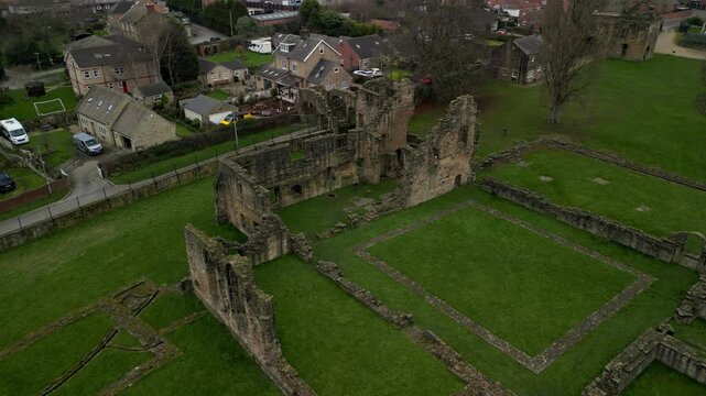 High Angle Stationary View of 12th Century Monastic Site, Monk Bretton Priory Landscape, 4K, United Kingdom,.