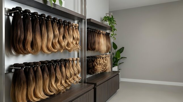 Professional hair extension display in modern salon showcasing various blonde and brown human hair pieces organized on sleek shelving system for beauty business.