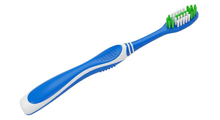 Blue and white toothbrush with green bristles