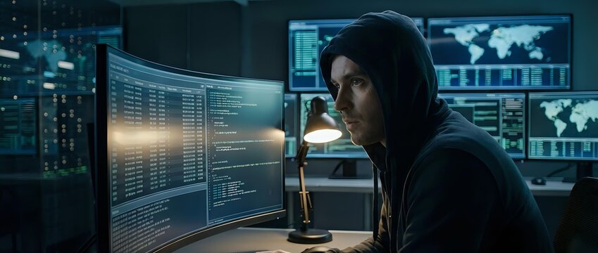 Hooded hacker in dark room analyzing data on multiple computer screens with cybersecurity interface elements and digital world map background.
