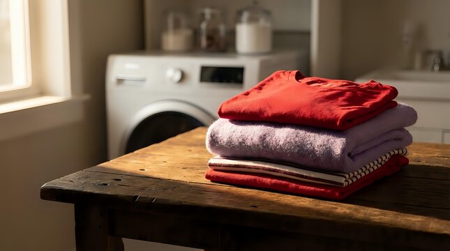 Stack of clean folded clothes on wooden table in modern laundry room with washing machine. Domestic housework and fabric care concept for home organization.
