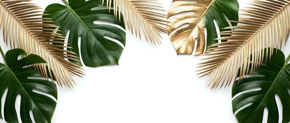 Naklejka premium Tropical frame with golden palm fronds and green monstera leaves on white background for summer design projects and botanical decorations.