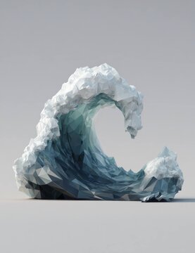 Polygonal wave sculpture with sharp edges and geometric shapes in blue and white colors on plain background representing abstract ocean water movement and energy.