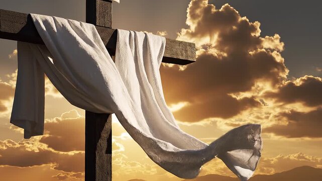 Empty Cross on Hill at Sunrise Symbolizing Crucifixion and Resurrection Christian Easter Concept