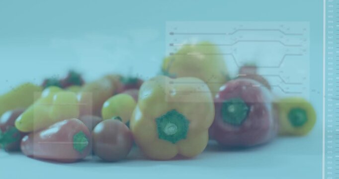 Pepper cluster sitting on white table, HUD panels appearing, sliding, focus sharpening for food ads