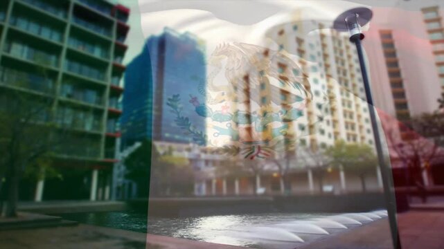 Frame change starting tricolor overlay rippling while fountain jets arcing, showing national emblem