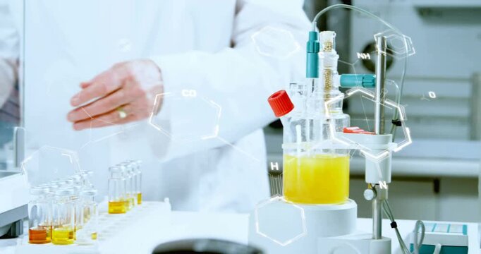 Sr chemist placing sample on balance, turning knobs and starting reaction for QC, chem overlaying
