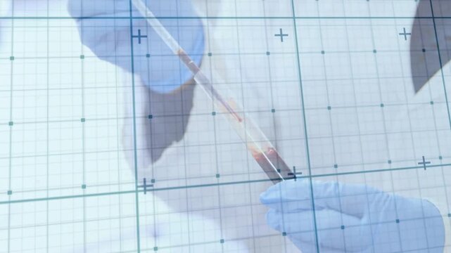 Gloved hands bringing pipette aligning tip dropping amber droplet onto strip ensuring precision