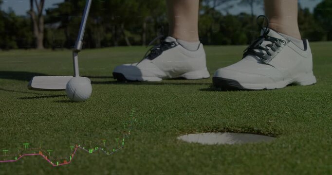 Golf player aligning putter and initiating stroke on green to sink ball, faint chart rising beside
