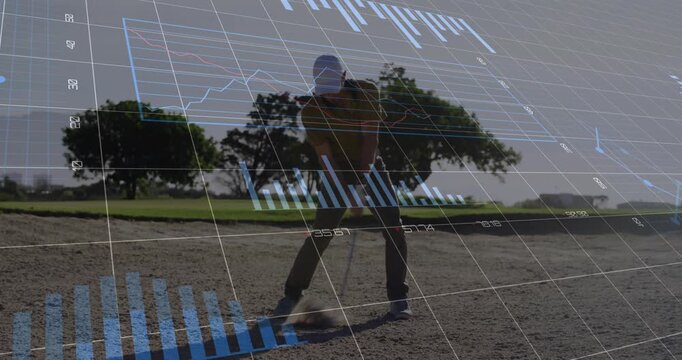 Vertical video: Addressing ball, golfer in polo, cap taking bunker shot for fairway, with club, HUD
