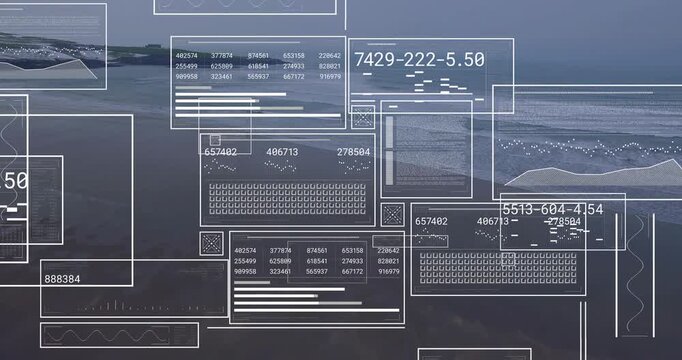 HUD frames forming over coast, early lines emerging sparking gauge digits updates for marine tech