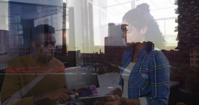 Man pointing tablet, woman tilting and handing red folder, guiding business review skyline overlay