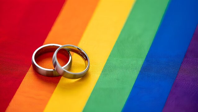 Wedding Rings on Colorful Pride Flag Background for Love Celebration