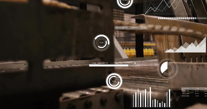 Pulling back camera revealing conveyor and articulated gripper moving in factory, with HUD overlays