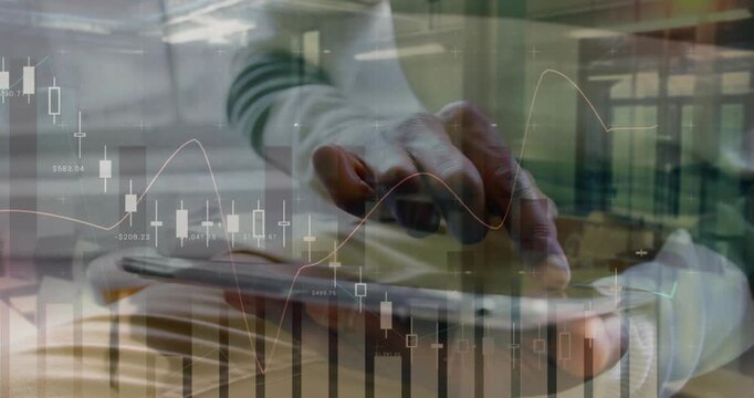 Trader hovering then tapping tablet, causing ghosted candles, lines and bars shifting for finance