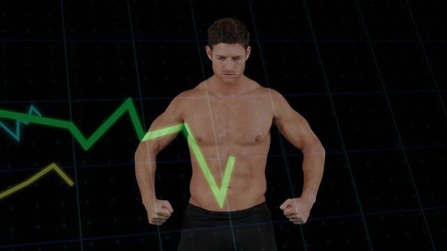 Neon graphs sweeping from left, passing over shirtless man holding flex pose, showing vital data