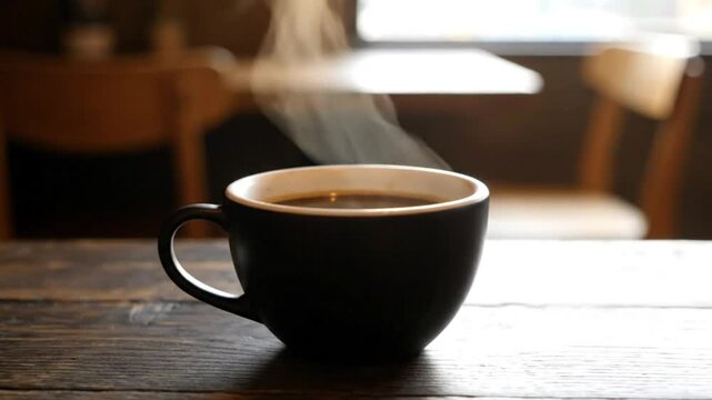 Steaming cup of fresh coffee on a rustic wooden table in a warm cozy cafe setting