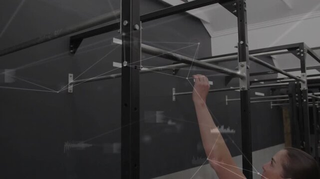 Woman reaching pull-up bar, adjusting grip then pulling chin above bar for fitness, HUD tracking