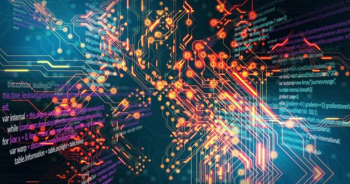Vertical video: Center sparks forming circuit X-shape nodes pulsing code scrolling showing IT data