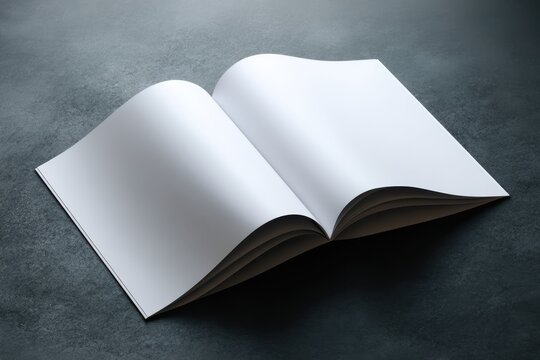  Aufgeschlagenes Magazin mit leeren wei&szlig;en Seiten auf einem dunklen Hintergrund, moderne Mockup-Vorlage f&uuml;r Design-Pr&auml;sentationen
