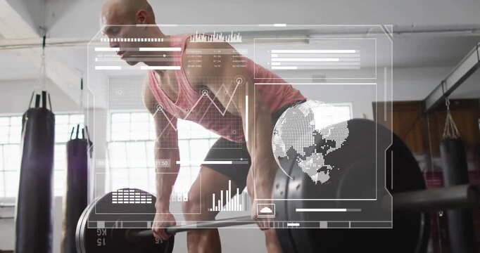 Fit man in gym gripping bar and initiating hip-hinge, lifting barbell with HUD guiding fitness data