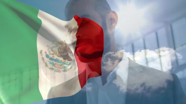 Male presenter delivering lines, business, Mexican flag waving overlaying face, evoking pride