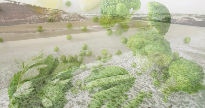 Green produce layer fading, drifting over coastline, peas and broccoli shifting, forming overlay