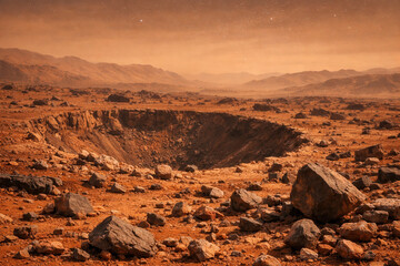 Alien Desert Crater Landscape Under Starry Sky