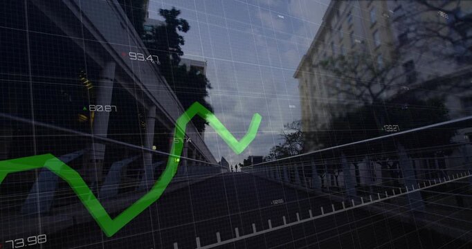 Commuters walking up ramp starting finance overlay chart, green line rising and tracking flow