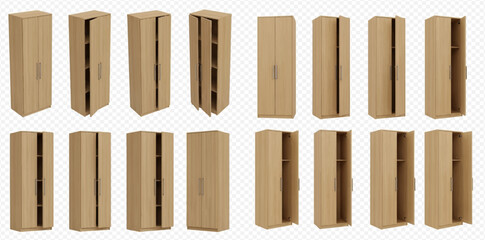 Set of cardboard boxes in various positions, isolated on a transparent background, ready for product display or packaging design.