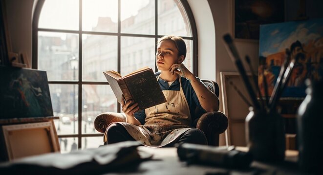 A young artist absorbed in a book in a sunlit studio, surrounded by art supplies and paintings