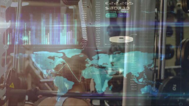 Woman gripping handles and doing cable pulldown in gym, HUD animating finance charts tracking stats