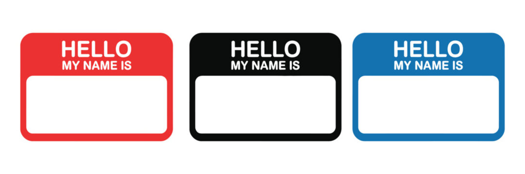 Set of 3 "Hello My Name Is" vector name tags in red, black, and blue colors