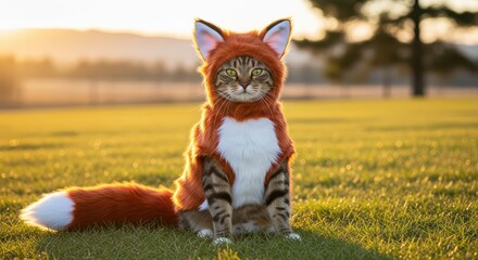 Fototapeta na wymiar Feline companion wearing an elaborate mammalian disguise sits serenely upon sunlit grass at dusk