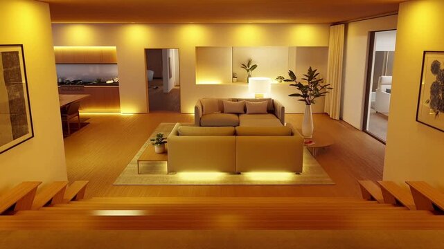 Warm Interior Night Reveal of Modern Open-Plan Living Space &ndash; Gradual Ambient Lighting from Central Lamp to Perimeter Zones
