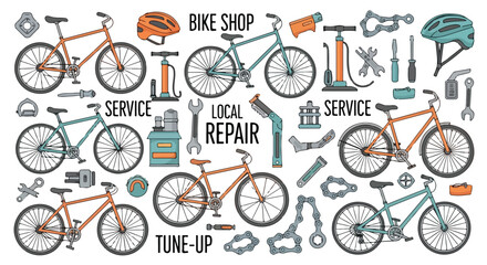 Naklejka premium Flat lay illustration of bicycles, bicycle helmets, and repair tools with bike shop service labels on a white background.