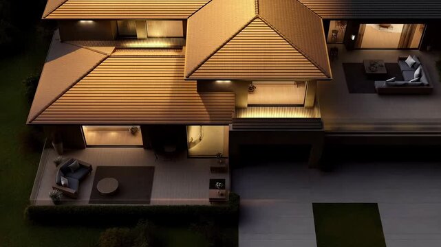 Pulsing Pattern Night Illumination of Exquisite Luxury Home &ndash; Rhythmic Waves from Multiple Centers in Amber & Honey-Gold with Dreamy Diffusion