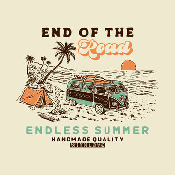 car illustration beach graphic camping design summer badge surfboard vintage sunset