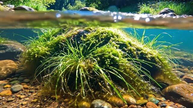 Split-level view of vibrant green underwater moss and plants thriving in clear river water with flowing current